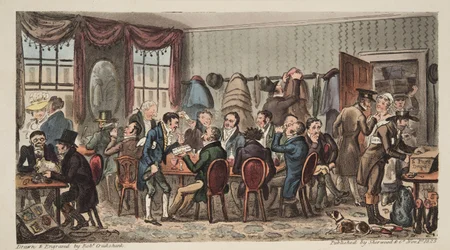 The Bags, Mens Bankett på Bell Inn, Cheltenham, fra The English Spy, pub. 1824 (håndfarget gravering)