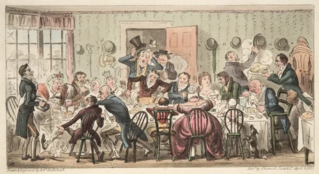 The Cits Sunday Ordinary ved Gate House Highgate; eller, hver Hog til sitt eget Apple, fra The English Spy, pub. 1824 (håndfarget gravering)