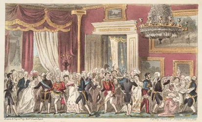 Kvelden i det runde rommet; eller en Squeeze på Carlton Palace, fra The English Spy, pub. 1824 (håndfarget gravering)