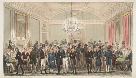 The Great Subscription Room på Brookes, fra The English Spy, pub. 1824 (håndfarget gravering)