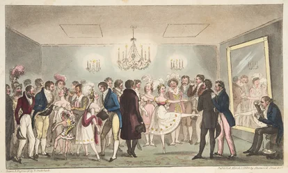 The Green Room of the Kings Theatre, eller Noble Amatører som ser på Foreign Curiosities, fra The English Spy, pub. 1824 (håndfarget gravering)