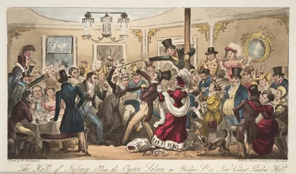 The Hall of Infamy, alias Oyster Saloon i Brydges-Street, eller New Covent Garden Hell, fra The English Spy, pub. 1824 (håndfarget gravering)