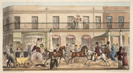 The High Street, Cheltenham, fra The English Spy, pub. 1824 (håndfarget gravering)