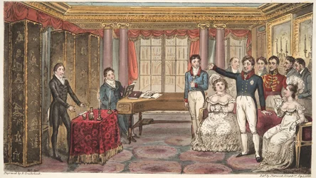 The King at Home, eller Mathews at Carlton House, fra The English Spy, av Charles Westmacott, utgitt 1824 (håndfarget gravering)