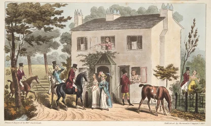 Oakland Cottages, Cheltenham eller Fox Hunters og deres favoritter, fra The English Spy, pub. 1824 (håndfarget gravering)