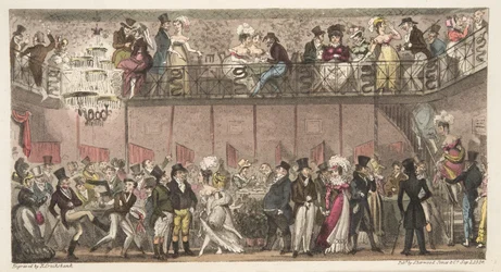 The Royal Saloon, Piccadilly, or an Hour after the Opera, fra The English Spy publisert 1824 (håndfarget gravering)