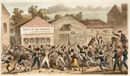 The Tea Pot Row at Harrow, eller Battle of Hog Lane, fra The English Spy, pub. 1824 (håndfarget gravering)