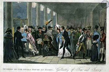 Utenfor operahuset om natten: Gallantry of Tom and Jerry, fra "Life in London" av Pierce Egan