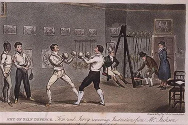 Art of Self Defence: Tom og Jerry mottar instruksjoner fra Mr Jackson, fra "Life in London" av Pierce Egan