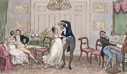 En introduksjon: Gay moments of Logic, Jerry, Tom og Corinthian Kate, fra "Life in London" av Pierce Egan, 1821 (farget akvatint)