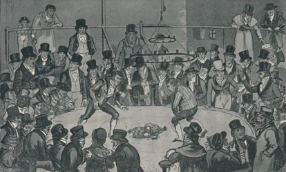 I den kongelige hanekamparenaen, 1821, 1920. Kunstnere: Isaac Robert Cruikshank, George Cruikshank.