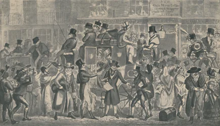 Utenfor White Horse Cellar, Piccadilly, 1821, 1920. Kunstnere: Isaac Robert Cruikshank, George Cruikshank.