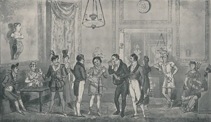 The Green Room på Drury Lane Theatre, 1821, 1920. Kunstnere: Isaac Robert Cruikshank, George Cruikshank.