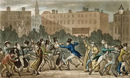 Tom, Jerry og Logic Involved in a Night Fight, fra "Life in London" av Pierce Egan (1772-1849), 1821-22 (farget akvatint)