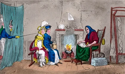 Tom og Jerry, som fanger Kate og Sue i farten, med sine formuer fortalt, 1800-tallet.
