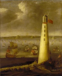 Eddystone fyr, utenfor kysten av Devon (England). Olje på lerret, ca. 1708, av Isaac Sailmaker (1633–1721).