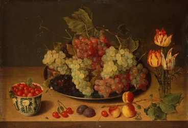 Stilleben med frukt og blomster (olje)