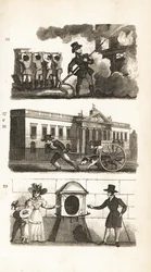 Brannmotoren, tegning av varer på en lastebil, East India House og London Stone