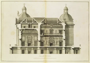 Houghton Hall: tverrsnitt av hallen og salongen, gravert av Pierre Fourdrinier, 1735 (se også 64903 og 64904)