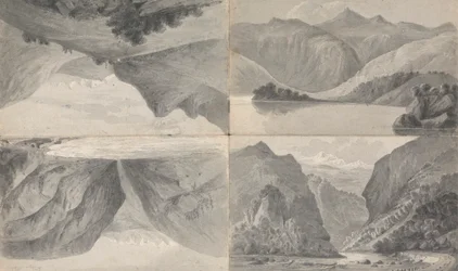 1) (ll) Innsjøen ved Davos, 2) (lr) Inngangen til passet til Segnes, 3) (ur) Wiesen