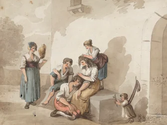"Etter Pinnelli" (gruppe av bønder utenfor et hus)