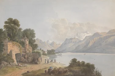 Fjelllandskap med innsjø, port og figurer