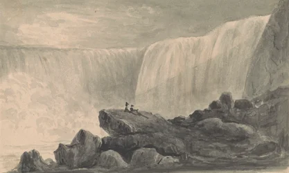 Utsikt over Niagara Falls med to figurer som sitter på en stein i forgrunnen