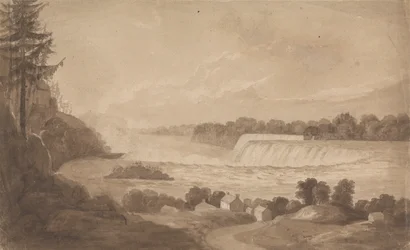 Utsikt over Niagarafallene med fossen i bakgrunnen, til høyre og landskapet med hus i forgrunnen