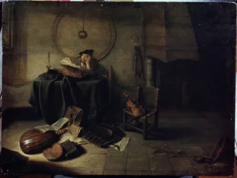 ""Melancholy II"" (Melancholy II (Vitenskapsmann i studioet hans)) En mann som studerer musikk, ettertenksomt uttrykk. Maleri av Isaac de Jouderville (1613-1648) Serpoukhov, Statens museum for historie og kunst