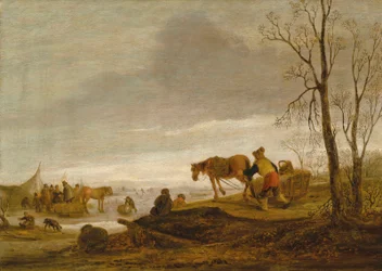 Et vinterlandskap med figurer på en frossen elv
