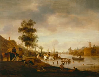 Elvelandskap med svømmere