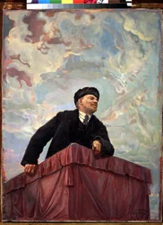 Portrett av Vladimir Lenin (1870-1924), russisk politiker og revolusjonær på talerstolen. 1927. Maleri av Isaak Israilevich Brodsky (1884-1939). St. Petersburg, Det russiske museet.