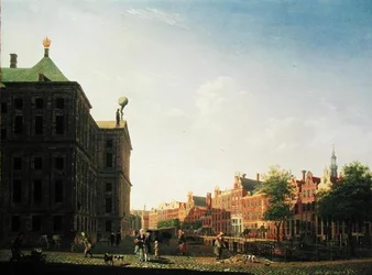 En utsikt langs Nieuwezijds Voorburgwal i Amsterdam som viser baksiden av det kongelige palasset, 1782