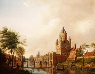 En utsikt over Kleine Houtpoort (Small Gateway) i Haarlem med Grote Houtpoort (Great Gateway) i bakgrunnen