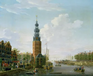 Utsikt over Amsterdam med Montelbaanstower på Oude Schans, 1777