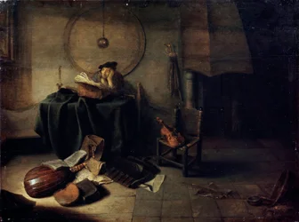 'Melancholy II Scientist in his studio', nederlandsk maleri fra 1600-tallet