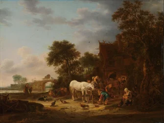 Landlig vertshus med hest ved trauet