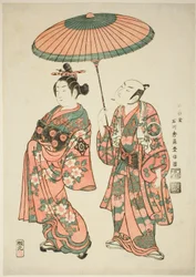 Skuespillerne Nakamura Kiyosaburo I som Matsuyama og Ichimura Kamezo I som Wanya Kyubei i stykket "Yoritomo Gunbai Kagami," fremførte på Ichimura Theatre i den ellevte måneden, 1749