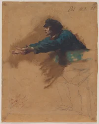 Ung mann lener seg fremover med utstrakte armer (studie for soldater som deler ut brød til de fattige), ca. 1851 (olje, brun oljevask eller blekkvask og svart fargestift)