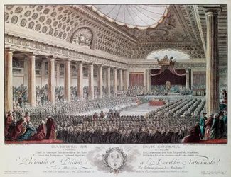 Åpningen av stenderforsamlingen i Versailles i 1789, gravering av Helmann, den franske revolusjon, Frankrike