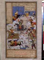 Islamsk kunst: kamp mot hærene til Kai Khosrow (Khosro) shah fra Iran til Touran. (Kampen mellom iranere og turanere på Kai Khosrows tid) Persisk miniatyr dekk av et manuskript av det episke diktet ""Shahnameh"" (Shah Nama, Shah