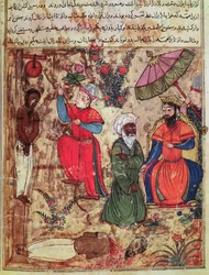 Fol.100 Sultanen viser rettferdighet, fra «Kalilah og Dimnahs bok» (blekk og ugjennomsiktig akvarell på papir)