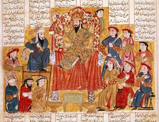 Islamsk kunst: «En sultan og hans hoff», persisk miniatyr fra et manuskript til det episke diktet «Shahnameh» (Shah Nama, Shahnama) (Kongenes bok) av Ferdowsi (Firdawsi, eller Ferdawsi, eller Firdousi, ca. 940-rundt 1020). Rundt 1330, Topkapi-museet