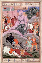 Islamsk kunst: "" Bijene og Roham går for å angripe Firoud"" Persisk miniatyr fra et manuskript av det episke diktet "" Shahnameh"" (Shah Nama, Shahnama) (Kongenes bok) av Ferdowsi (Firdawsi, eller Ferdawsi, eller Firdousi, ca. 940 - rundt 1020) (ms. 607) 