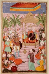 Islamsk kunst: "" Kong Keikaous beordrer fangst av Roustam""" persisk miniatyr fra et manuskript av det episke diktet "" Shahnameh"" (Shah Nama, Shahnama) (Kongenes bok) av Ferdowsi (Firdawsi, eller Ferdawsi, eller Firdousi) , ca. 940-rundt 1020) (ms. 607)