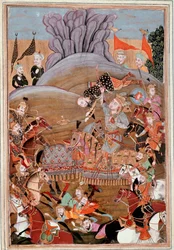 Islamsk kunst: "" Rustams første kamp mot Afrasiab"" persisk miniatyr fra et manuskript av det episke diktet "" Shahnameh""" (Shah Nama, Shahnama) (Kongenes bok) av Ferdowsi (Firdawsi, eller Ferdawsi, eller Firdousi, ca. . 940-rundt 1020) (ms. 607) Chantil