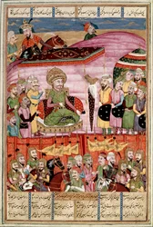 Islamsk kunst: "" Sohrab (Saharab) står ved teltet til Roustam""" Persisk miniatyr fra et manuskript av det episke diktet "" Shahnameh"" (Shah Nama, Shahnama) (Kongenes bok) av Ferdowsi (Firdawsi eller Ferdawsi) , eller Firdousi, ca. 940-rundt 1020) (ms. 6