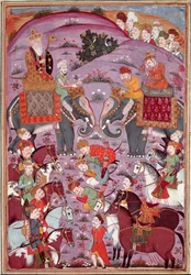 Islamsk kunst: "" The First Meeting of Roustam and His Aieul Sam"" Persisk miniatyr fra et manuskript av det episke diktet "" Shahnameh"" (Shah Nama, Shahnama) (Kongenes bok) av Ferdowsi (Firdawsi eller Ferdawsi, eller Firdousi, ca. 940 - rundt 1020) (ms. 