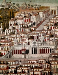 Islamsk kunst: utsikt over Damaskus med Umajjademoskeen i Damaskus (705-715). Anonymt syrisk maleri fra 1600-tallet. Syria, Damaskus, Azem-palasset eller Azm.
