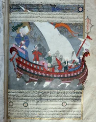 Noahs ark seilte nær Kabaen i Mekka oversvømmet miniatyr fra manuskriptet "Zubdat al Tawarikh" (Creme of Stories) av historikeren Seyyid Loqman Ashuri 1538. Tyrkisk og islamsk kunstmuseum Istanbul